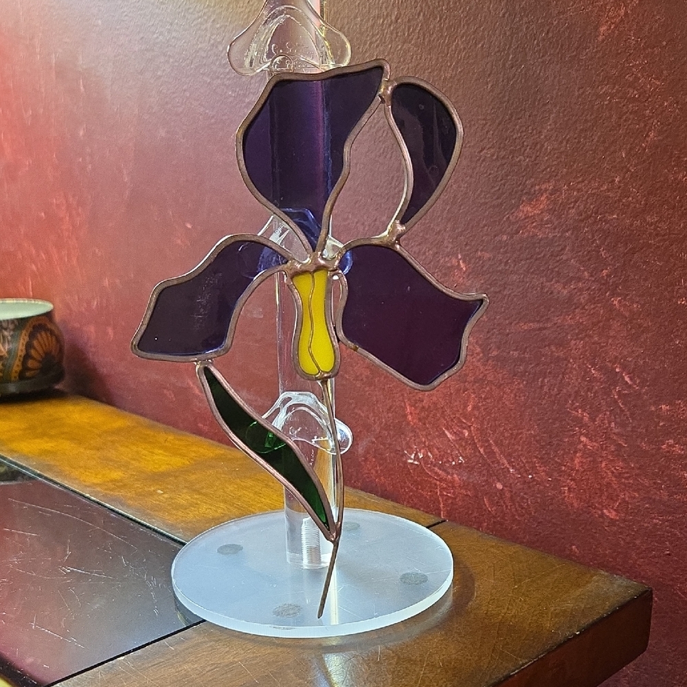 Vintage Stained Glass Purple Iris Suncatcher